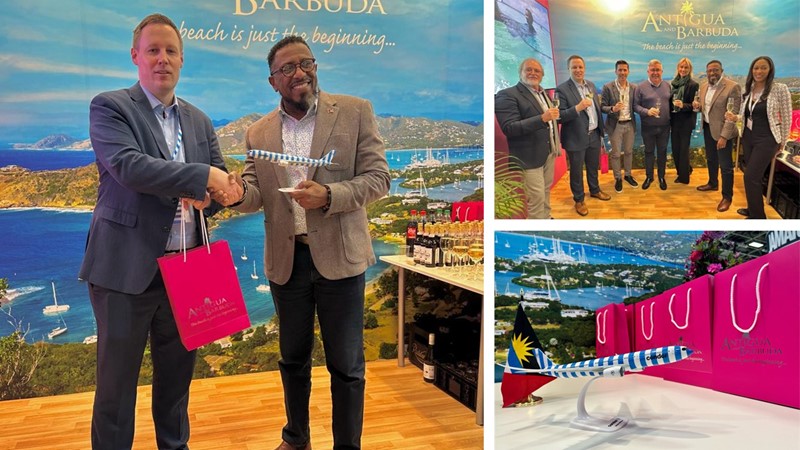 Antigua and Barbuda Tourism Officials welcome the return of Condor service. First photo shows Condor Head of Network Planning Oliver Feess shaking hands with ABTA CEO Colin C. James as the announcement is made public  