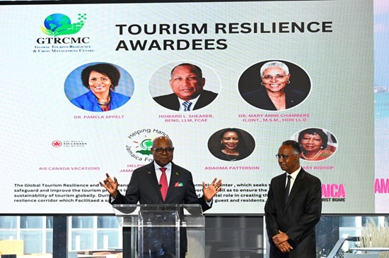 Jamaica’s Minister of Tourism, Hon. Edmund Bartlett, was joined on stage by Dr. Gervan Fearon, President of George Brown College, to present the inaugural GTRCMC Tourism Resilience Awards in Toronto on September 22.
