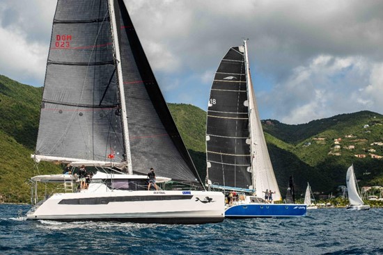La Novia and the Cruising Multihull class sets off outside Nanny Cay for the Round Tortola Race