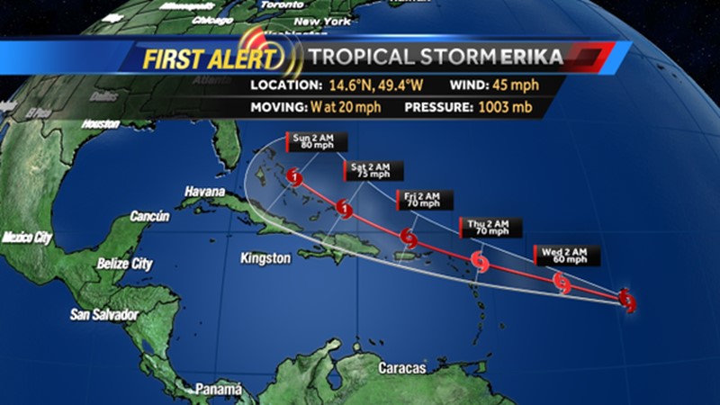 New Tropical Storm Erika Warnings Issued For Puerto Rico, Virgin Islands, and Leeward Islands