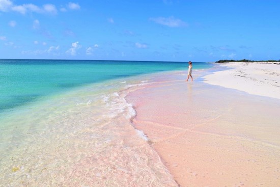 A woman walking on a beautiful white sandy Antigua and Barbuda beach