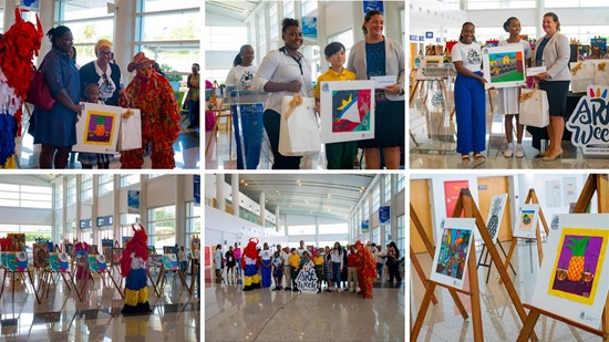 The top three winners in the ABAW School Art Competition show their winning pieces, following the reveal at the V.C. Bird International Airport (Photos Courtesy: Visual Echo for the Antigua and Barbuda Tourism Authority)