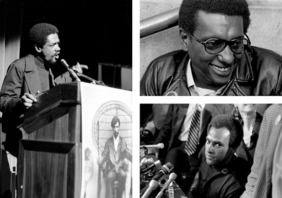 Clockwise from left, Bobby Seale at a rally in 1969; Stokely Carmichael, aka Kwame Ture, waiting outside the Alameda County Courthouse; Huey Newton held a press conference at the office of his lawyer, Charles Garry, on August 5, 1970, the day he was released from jail.