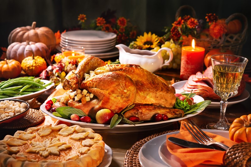Turkey and thanksgiving dinner spread