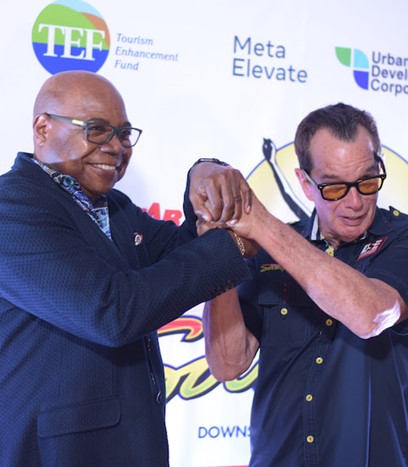 Minister of Tourism, Hon Edmund Bartlett (left) gets a hearty welcome from Chairman of Downsound Entertainment, Joe Bogdanovich on arrival at the Iberostar Hotel on Thursday, May 19, 2022 for the media launch of Reggae Sumfest 2022. Downsound is the promoter of the reggae festival which attracts visitors from all over the world. Minister Bartlett and his colleague, Minister of Culture, Gender, Entertainment & Sport, Hon. Olivia Grange participated in the launch event.