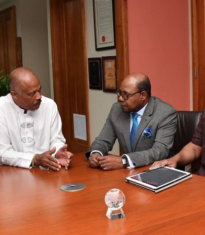 A July 2019 photo features (from left) The UWI Vice-Chancellor, Professor Sir Hilary Beckles; Minister of Tourism, Jamaica,  Honourable Edmund Bartlett; and Executive Director, The UWI Global Tourism Resilience and Crisis Management Centre (GTRCMC), Professor Lloyd Waller in conversation at The UWI’s Regional Headquarters ahead of a GTRCMC-hosted regional roundtable to address the region’s sargassum crisis. 