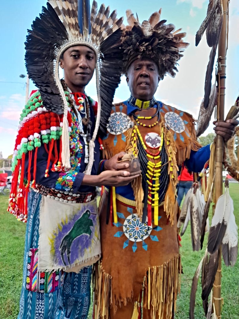 Left: Jamaican Kasike (Chief) Kalaan Nibonrix Kaiman (Robert Pairman) and Right: Chief Sachem (Paramount Chief) Dean Stanton (Crawling Wolf) of the Narragansett Tribal Nation